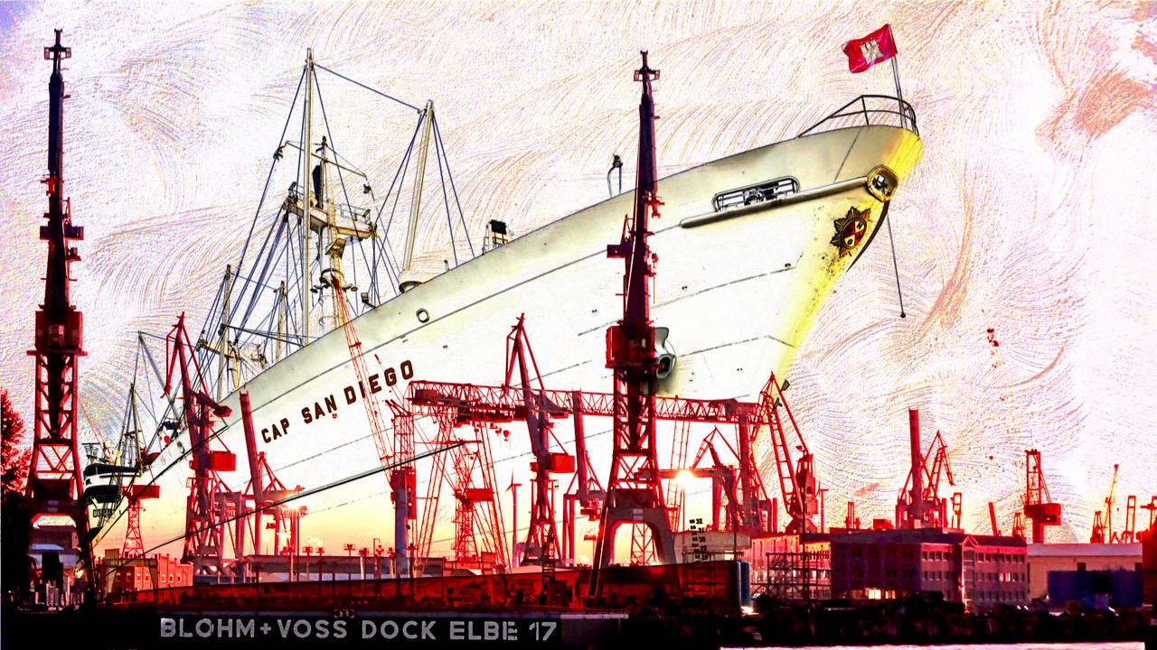 Motiv Cap San Diego mit Dock Elbe 17, auf Beton-Textur