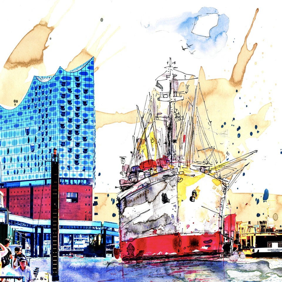 Hamburg Hafen Motive Poster Bild Bilder Foto Fotos Collagen Cap San Diego Elbphilharmonie