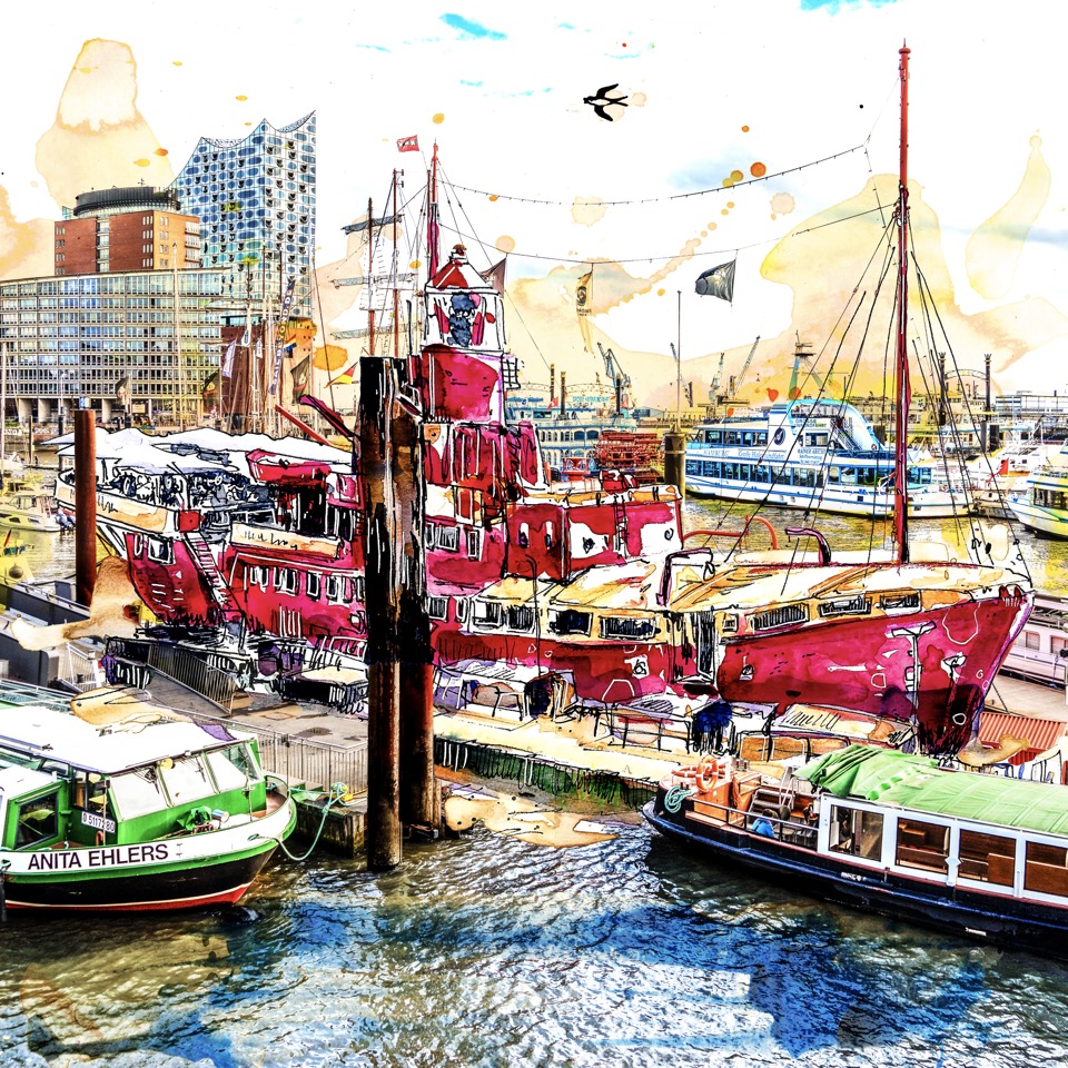 Hamburg Hafen Motive Poster Bild Bilder Foto Fotos Collagen Feuerschiff Elbphilharmonie