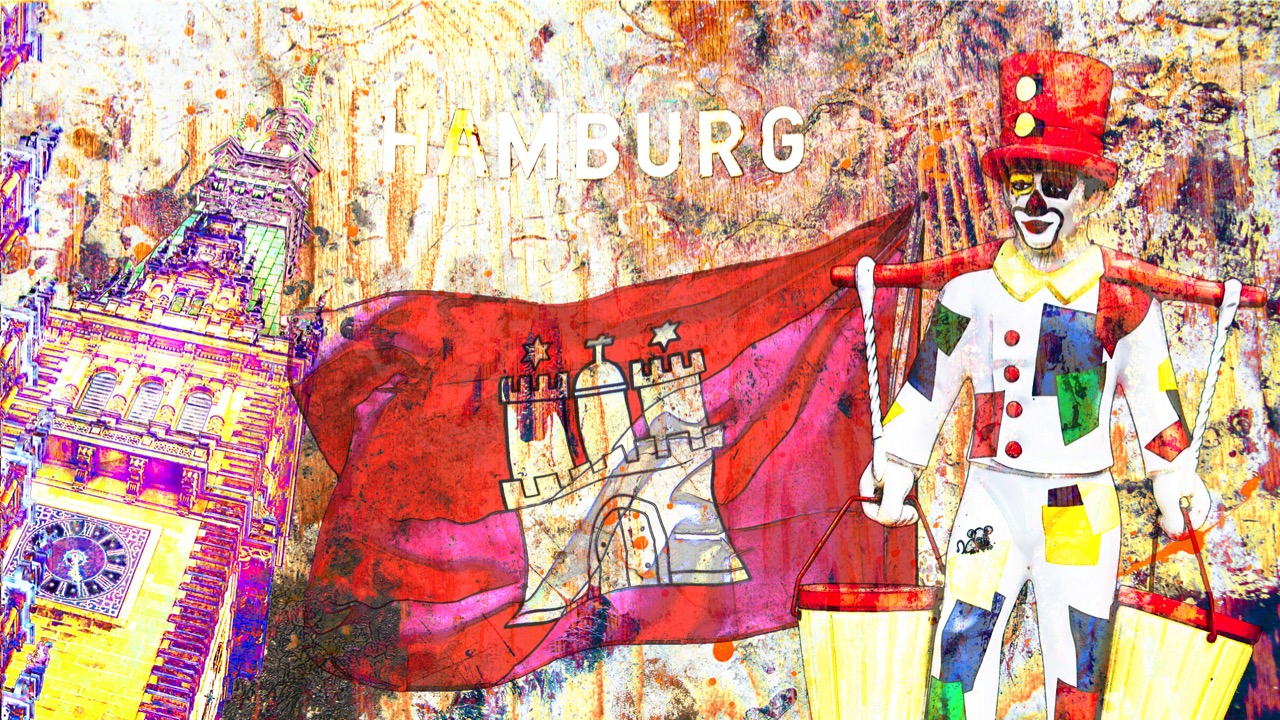 Motiv Hamburg Collage 2 - Rathaus und Hummel