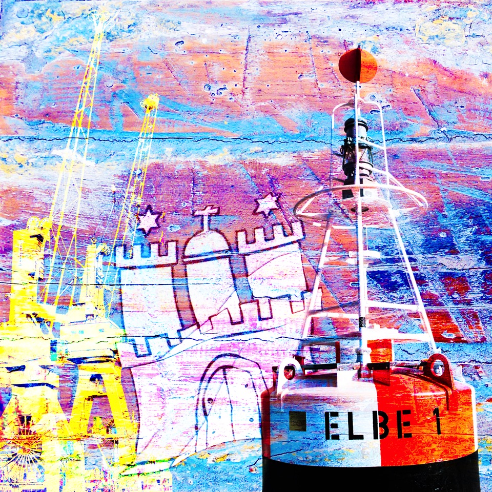Motiv Hamburg Collage, gelbe Kräne mit Elbe1