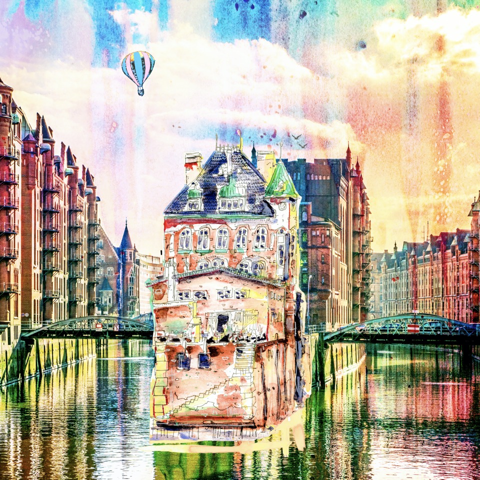 Hamburg Hafen Motive Poster Bild Bilder Foto Fotos Collage Wasserschloss Speicherstadt